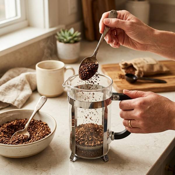 Adding coarsely ground coffee to a French press showing the correct grind size for beginners
