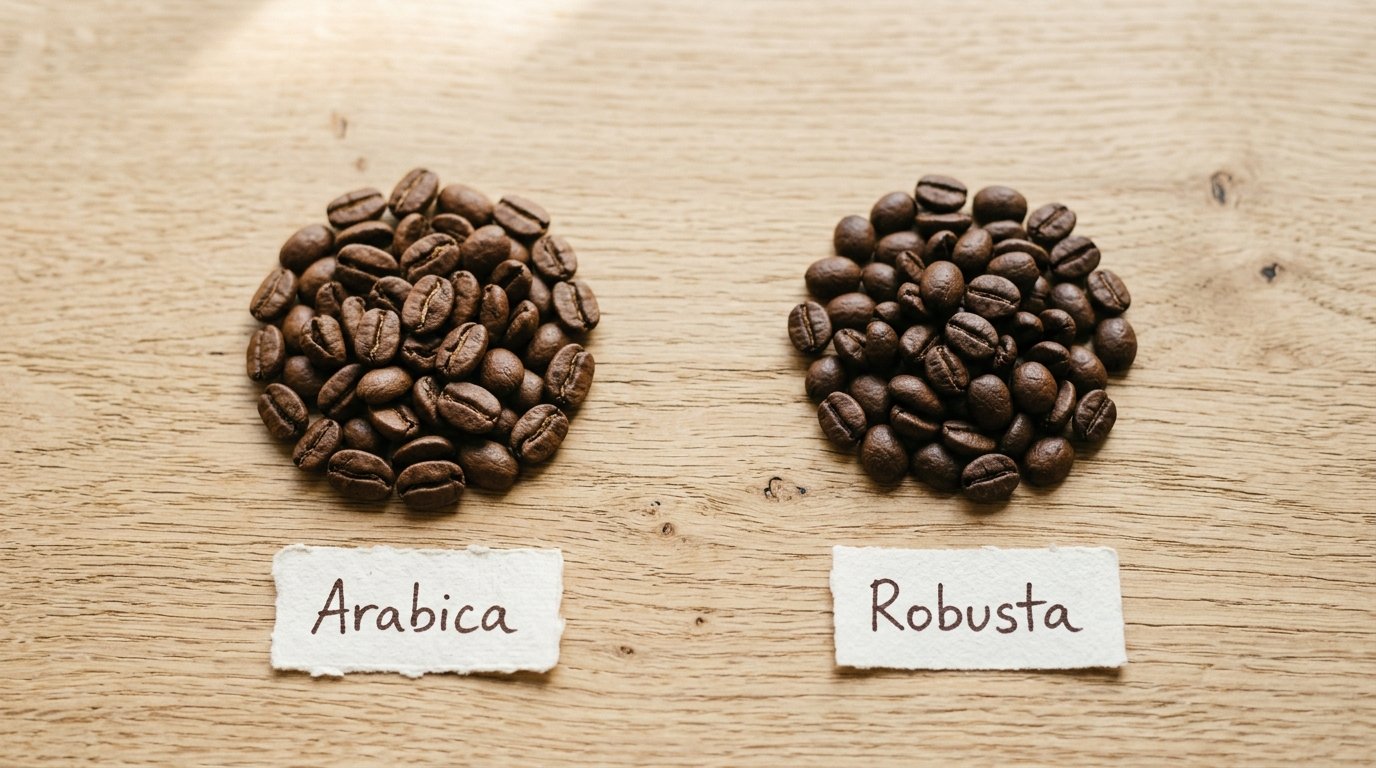 Arabica and Robusta coffee beans side by side on a light wood surface showing the difference in bean shape and size