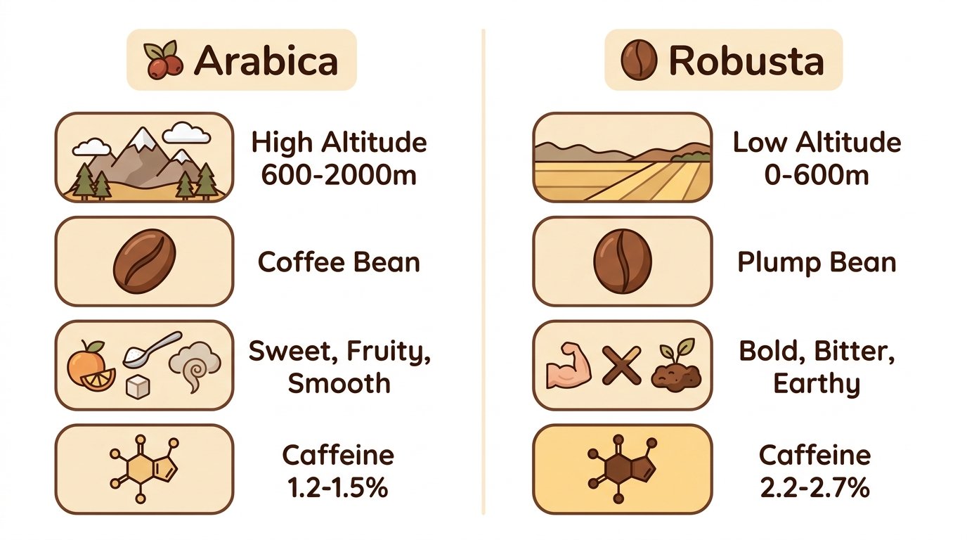 Infographic comparing arabica vs robusta coffee — altitude, bean shape, flavor, and caffeine differences