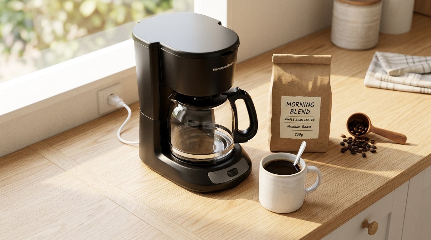 Flat-lay of a beginner home coffee setup with whole bean coffee bag, white mug, and drip coffee maker