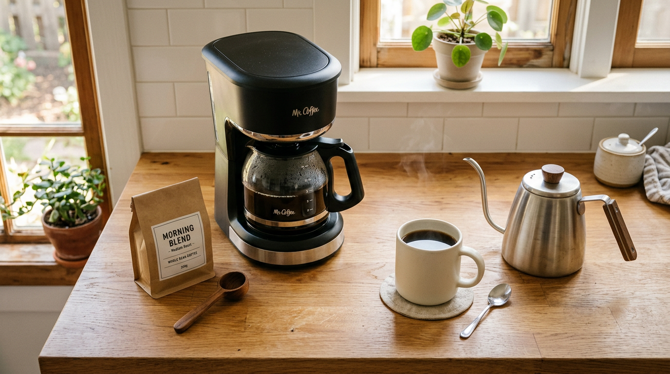 Simple beginner coffee setup on a kitchen counter with drip coffee maker, bag of beans, mug, and kettle in warm morning light