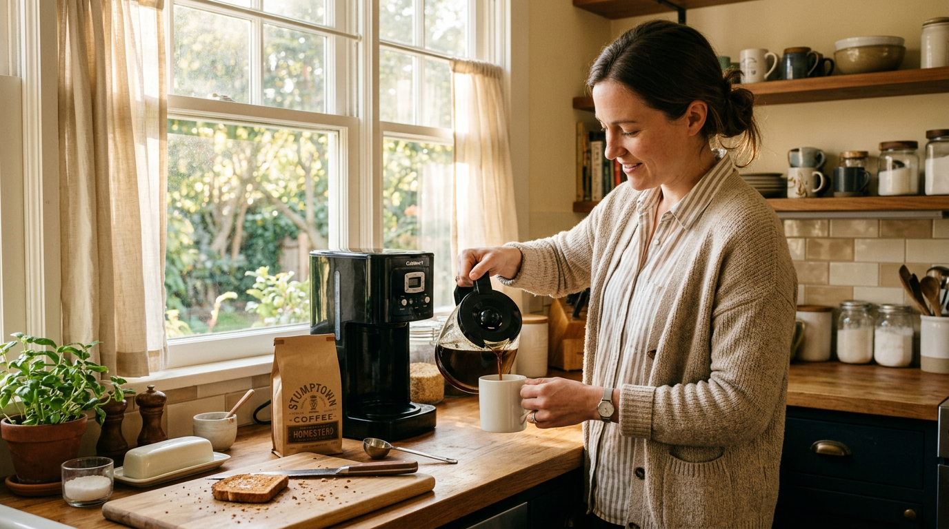 Person pouring coffee from a drip coffee maker in a cozy home kitchen with a bag of medium roast beans on the counter