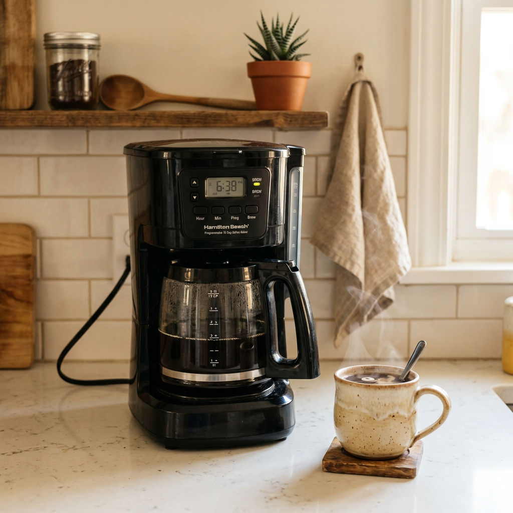 Black+Decker 12-cup drip coffee maker on a kitchen counter with a mug — best budget coffee maker for beginners