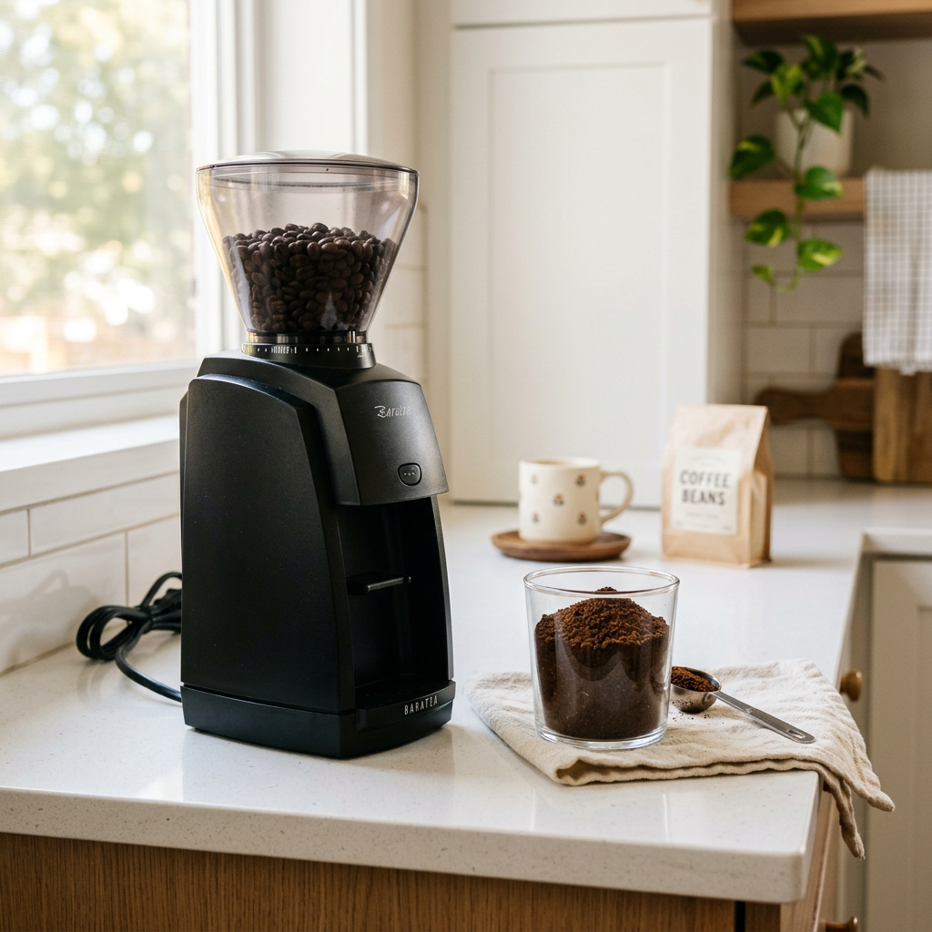 Capresso Infinity Plus burr grinder with freshly ground coffee grounds on a home kitchen counter