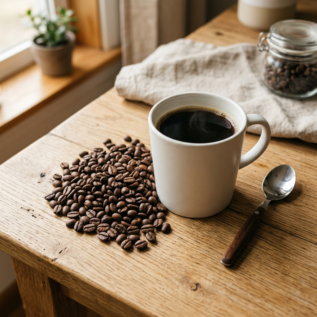 Fresh coffee beans next to a mug of black coffee on a wooden table, warm beginner coffee setup vibes