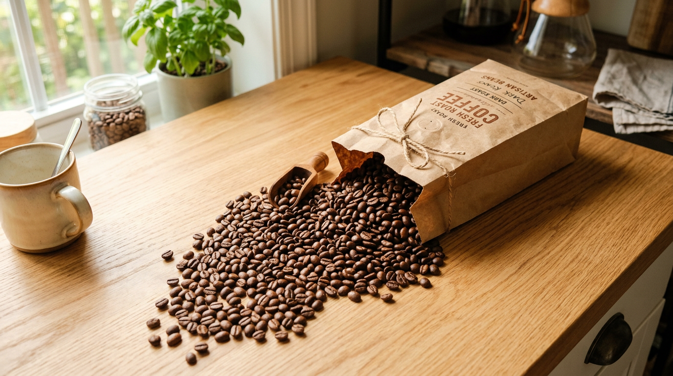 Whole coffee beans spilling out of a brown paper bag onto a kitchen counter — how to store coffee beans starts with understanding freshness