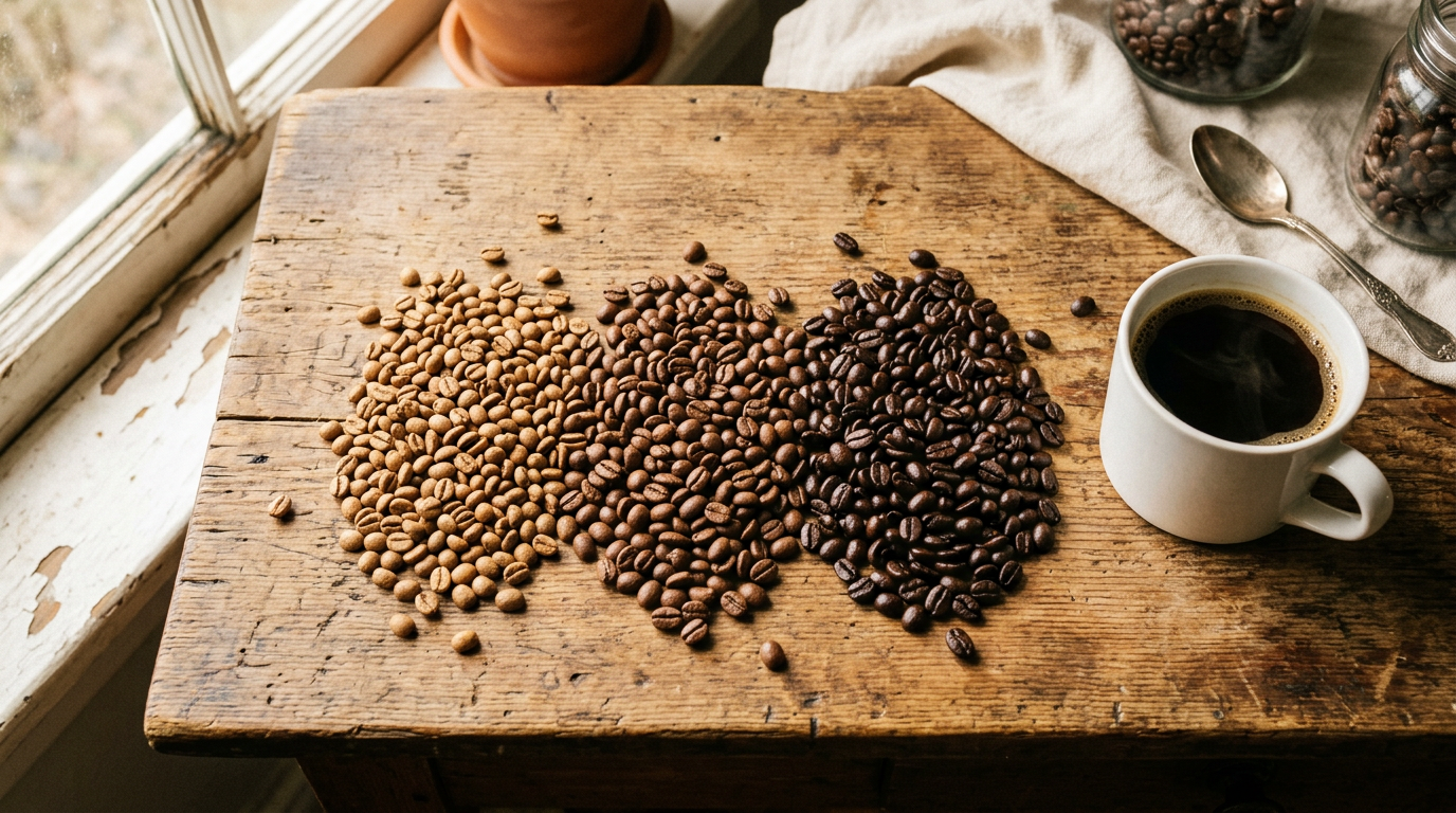 Various coffee beans spread across a wooden kitchen table showing how to buy coffee beans — light roast, medium roast, and dark roast side by side with a ceramic coffee mug nearby