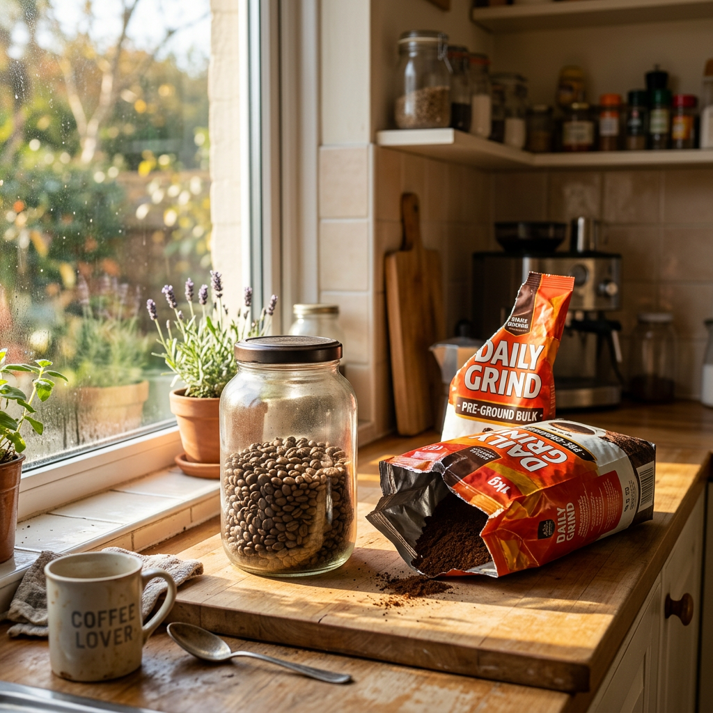 Coffee beans in a clear glass jar sitting in direct sunlight on a kitchen counter — common mistakes to avoid when buying coffee beans