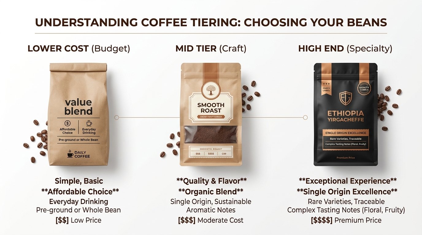 Three coffee bags representing budget tiers for buying coffee beans — budget, mid-range, and premium options