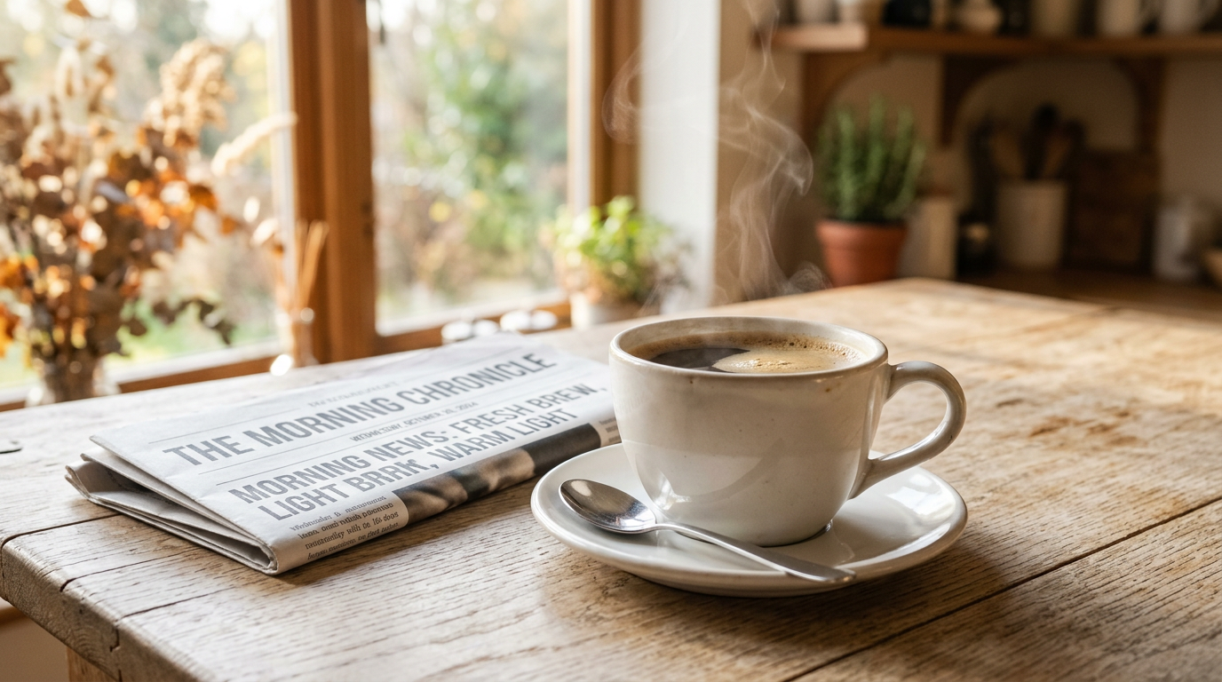 Overhead view of a white coffee cup on a saucer on a light wood kitchen table in warm morning light