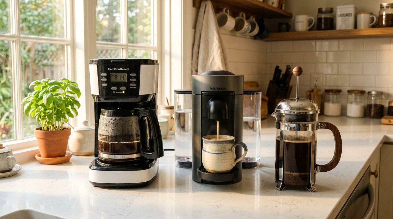 Three best coffee makers for beginners lined up on a bright kitchen counter — drip machine, pod machine, and French press
