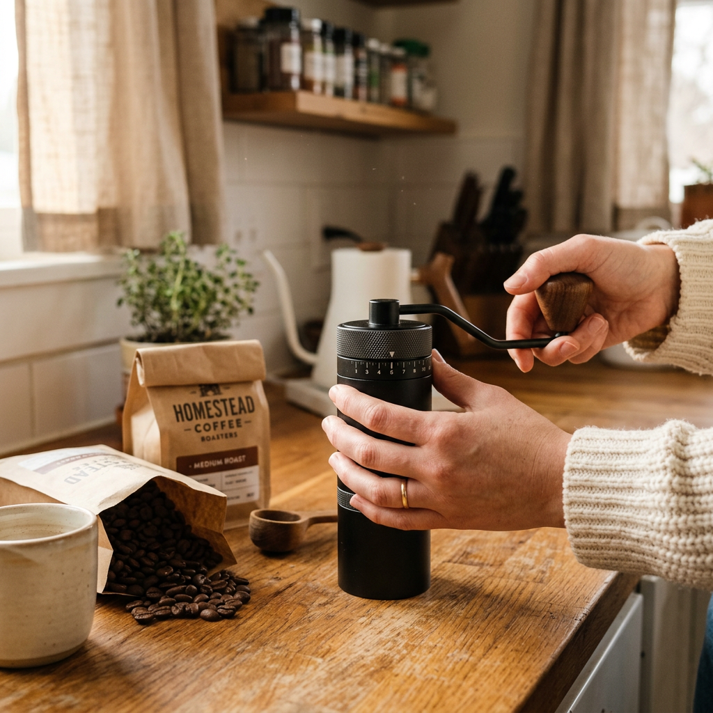 Hands adjusting the grind setting on a manual burr coffee grinder to control coffee extraction