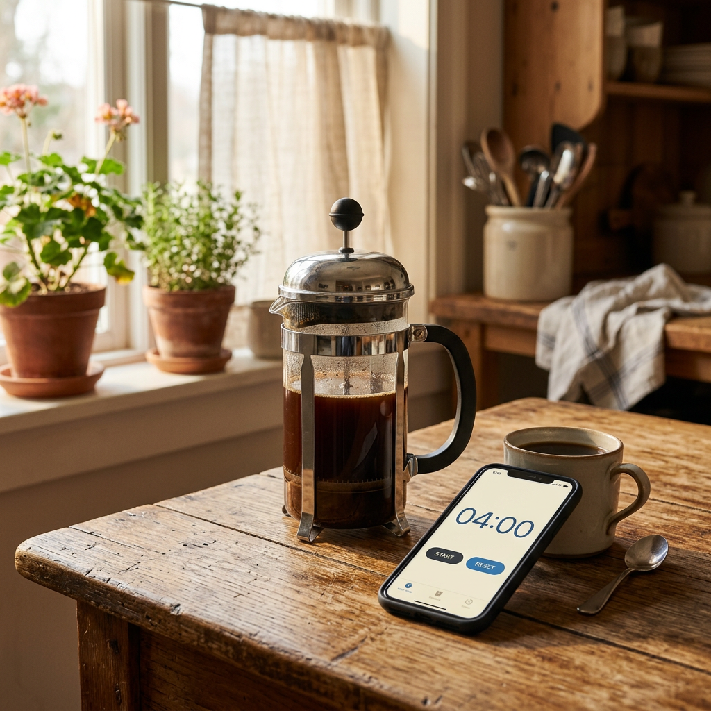 French press filled with coffee next to a phone timer showing four minutes — timing matters for proper coffee extraction