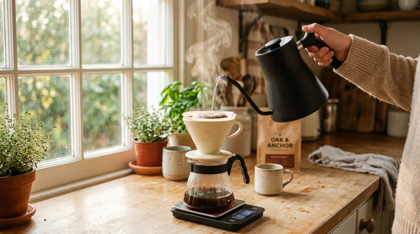 Hot water being poured over coffee grounds in a pour-over dripper with steam rising — coffee extraction in action