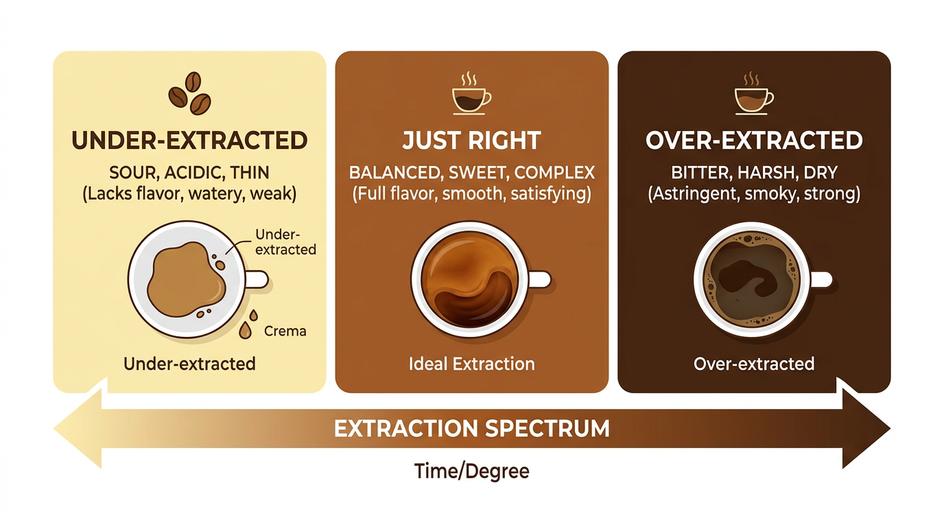 Coffee extraction spectrum infographic showing under-extracted sour coffee on the left, balanced extraction in the middle, and over-extracted bitter coffee on the right