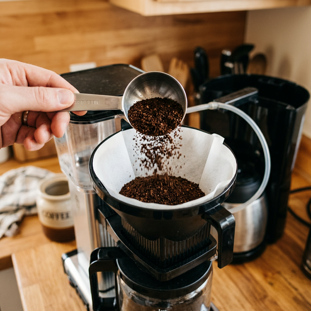 Measuring tablespoon adding ground coffee into a paper filter in a drip coffee maker basket