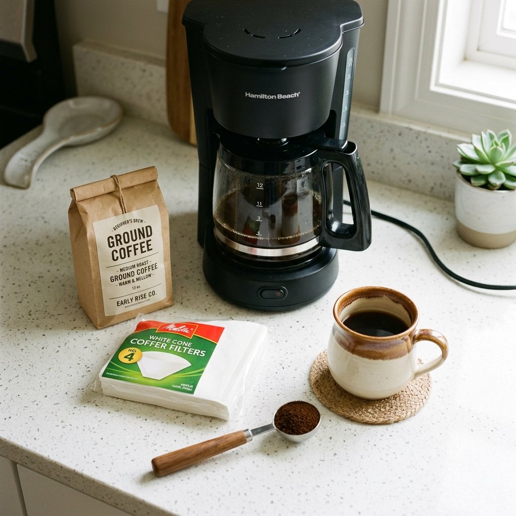 Beginner coffee setup flat-lay — drip coffee maker, ground coffee, paper filters, measuring spoon, and mug on a kitchen counter