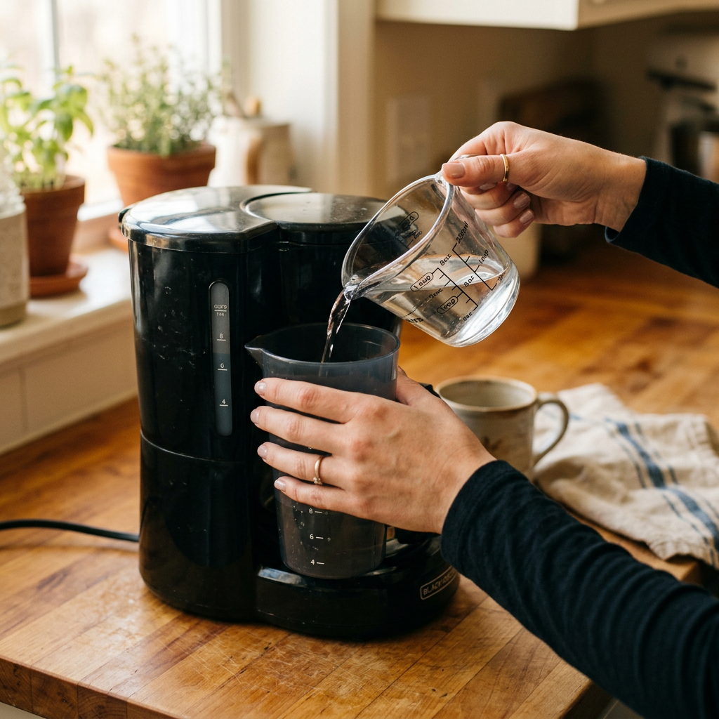 Hands pouring cold water into the reservoir of a drip coffee maker on a kitchen counter