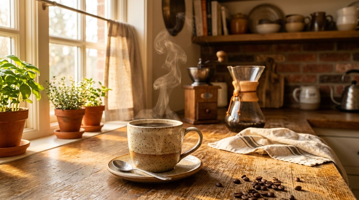 A warm mug of freshly brewed coffee on a wooden kitchen counter with morning sunlight — how to make your first cup of coffee at home