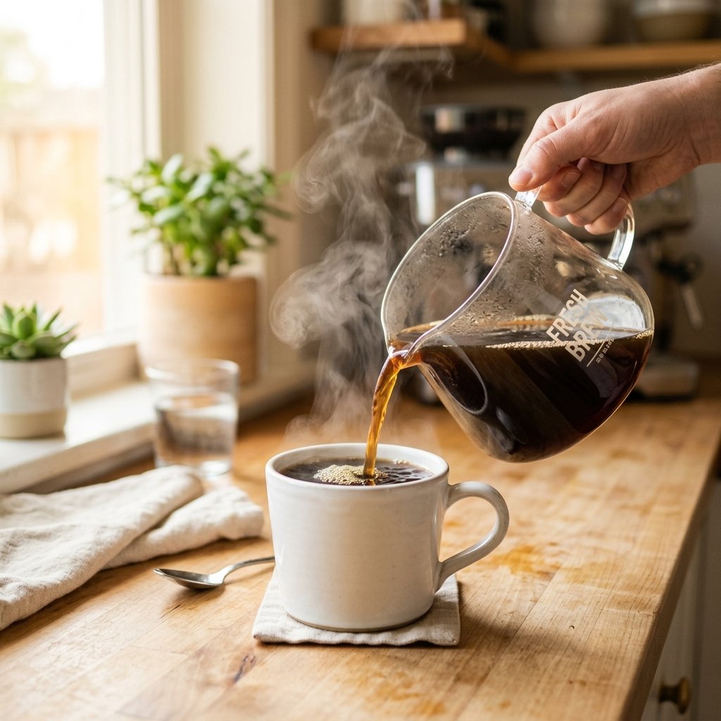 Freshly brewed coffee being poured from a glass carafe into a white ceramic mug, steam rising from the hot coffee