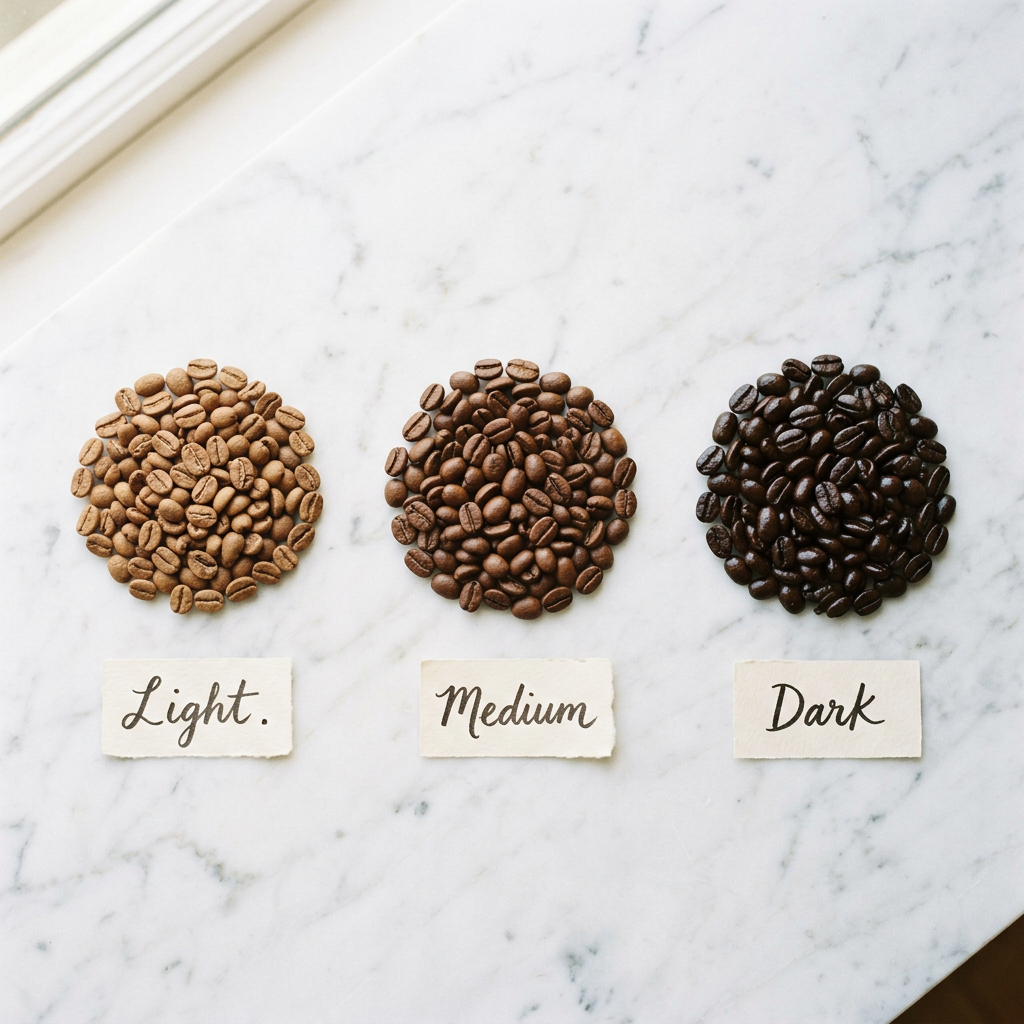 Flat lay of three piles of coffee beans labeled light medium and dark roast on a marble surface