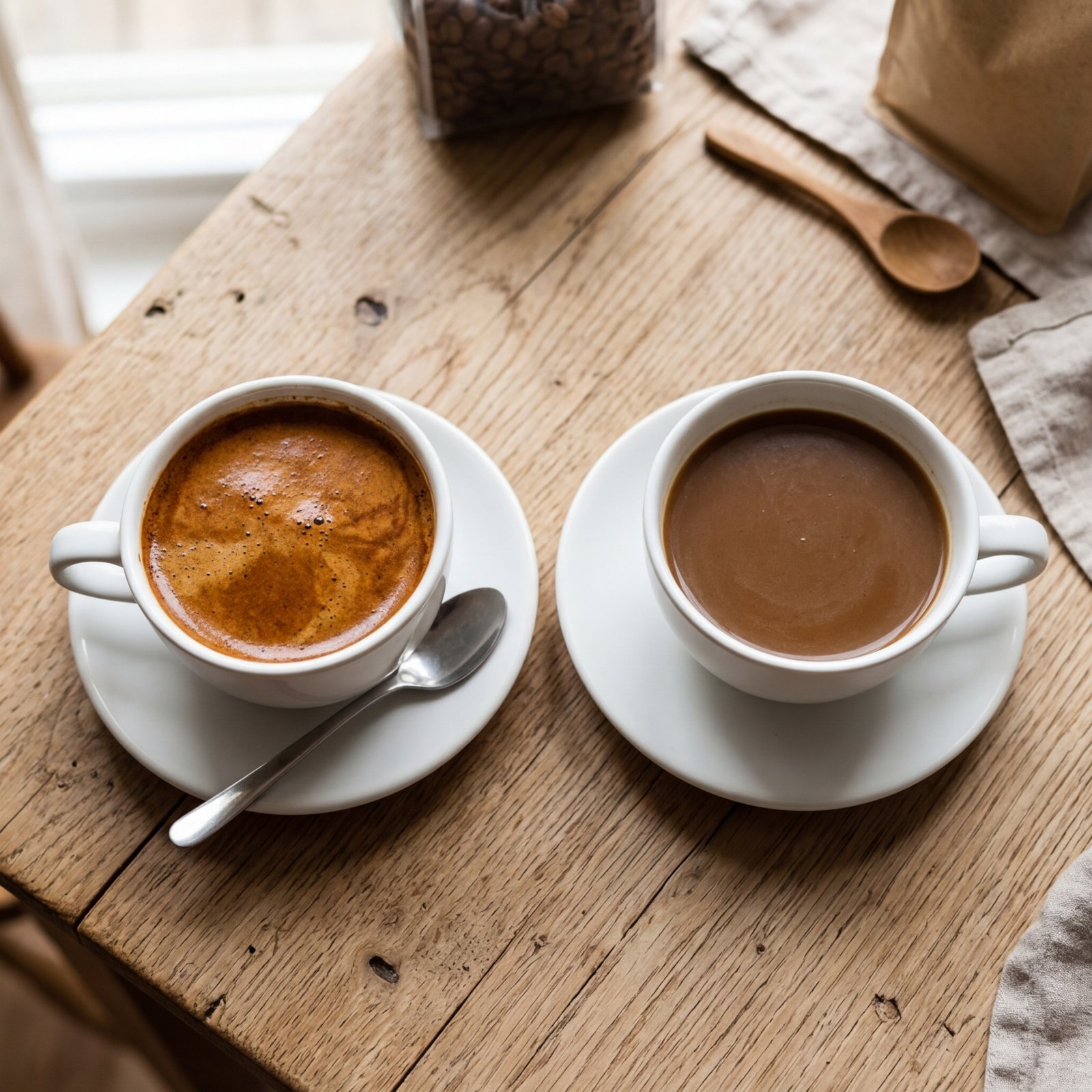 Two cups of coffee side by side comparing whole bean vs ground coffee flavor