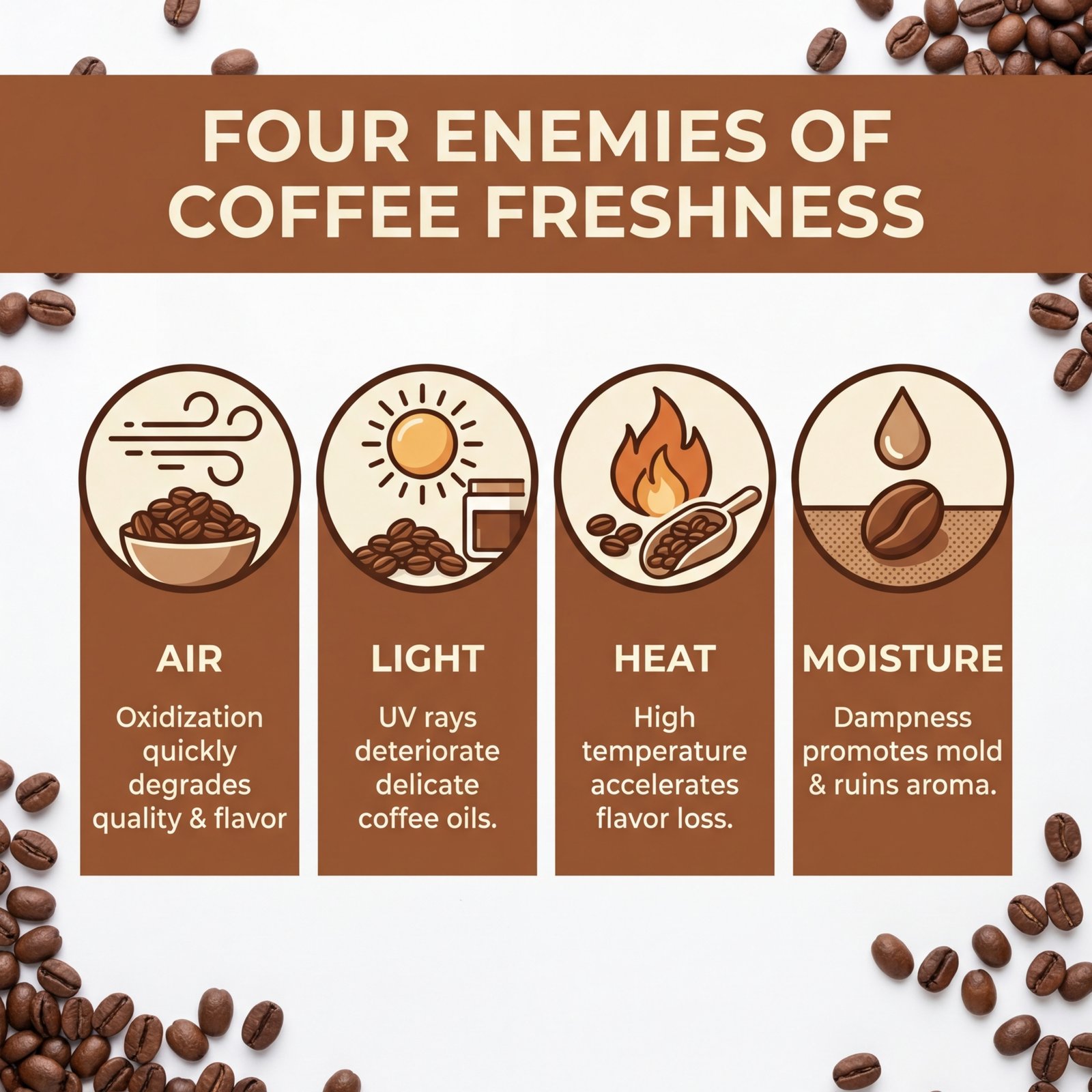 Infographic showing the four enemies of coffee bean freshness: air, light, heat, and moisture