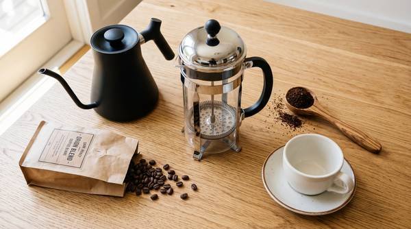 French press brewing equipment flat lay showing everything beginners need to get started