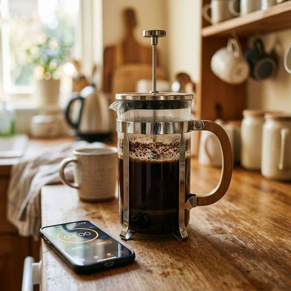 French press coffee steeping with timer counting down in a cozy kitchen
