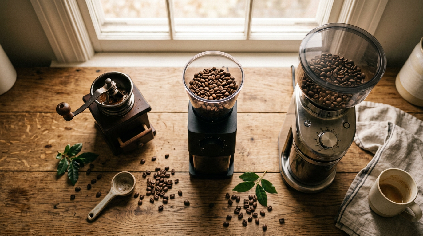 Three best coffee grinders for beginners arranged on a wooden kitchen counter — manual, mid-range electric, and premium electric burr grinders