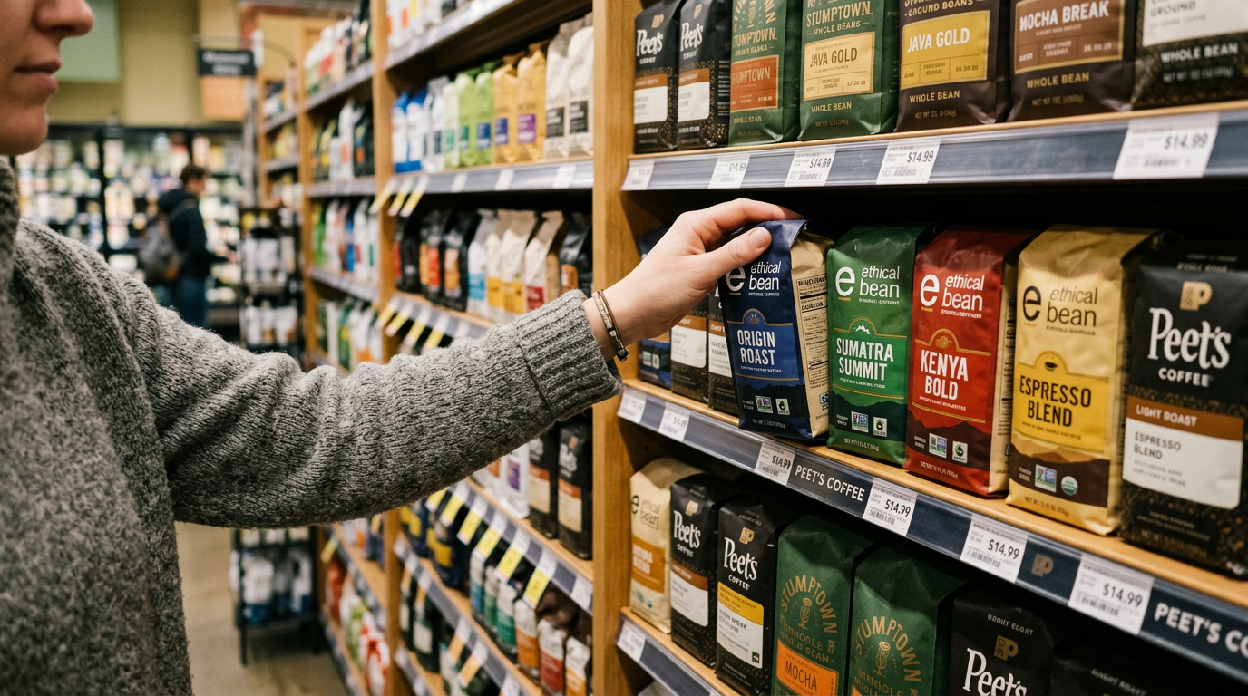 Person reaching for a bag of arabica vs robusta coffee on a grocery store shelf