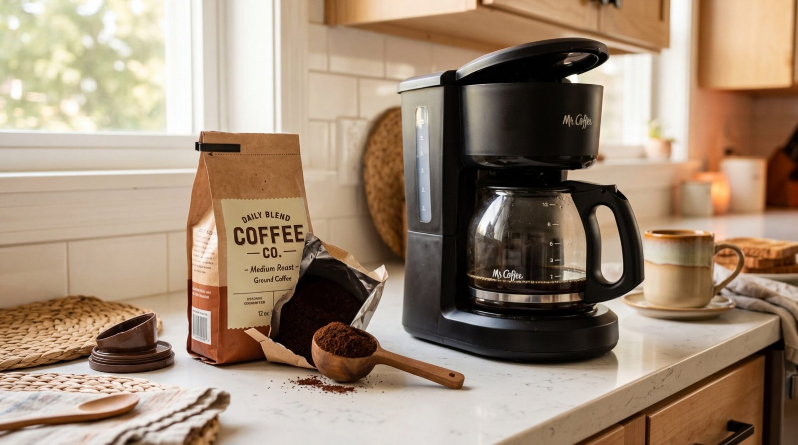 Bag of pre-ground coffee next to a drip coffee maker on a kitchen counter