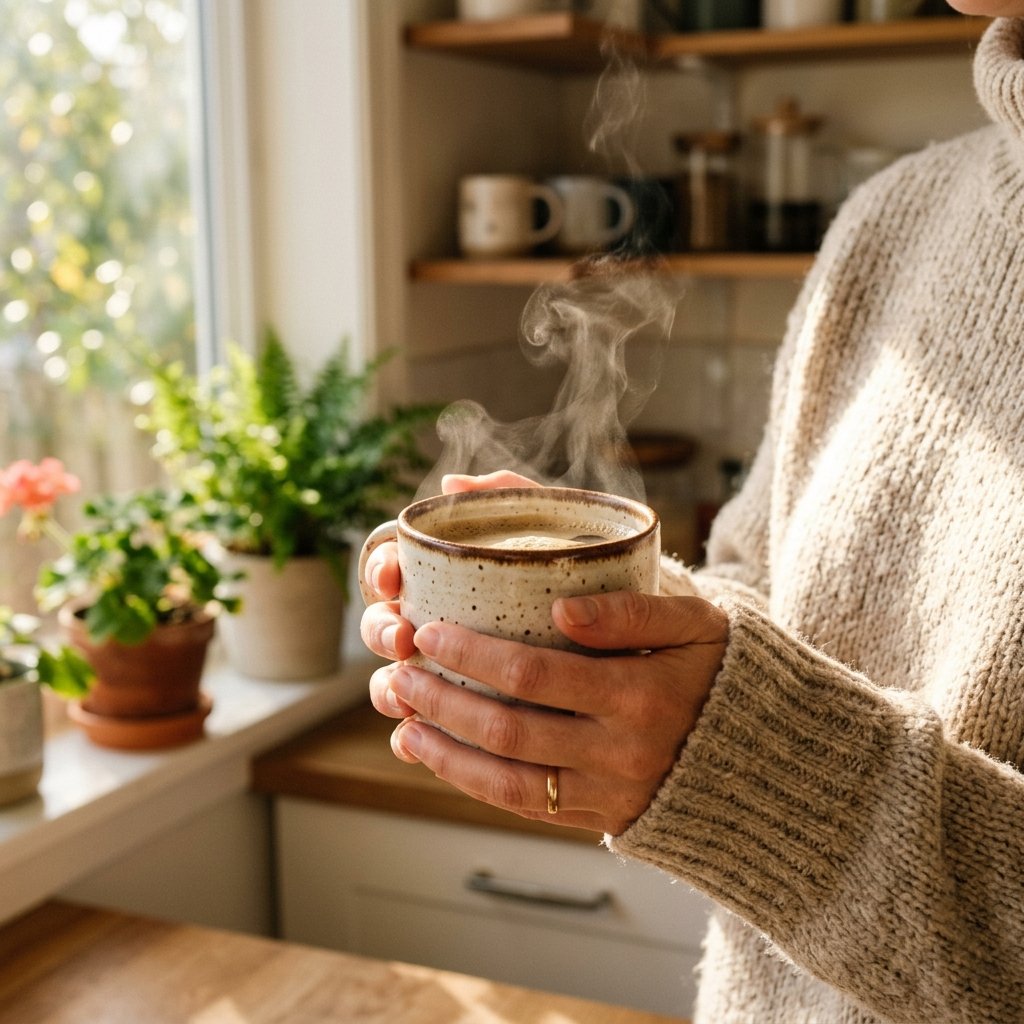 Hands holding a warm steaming mug of coffee in a sunny kitchen, beginner coffee setup moment