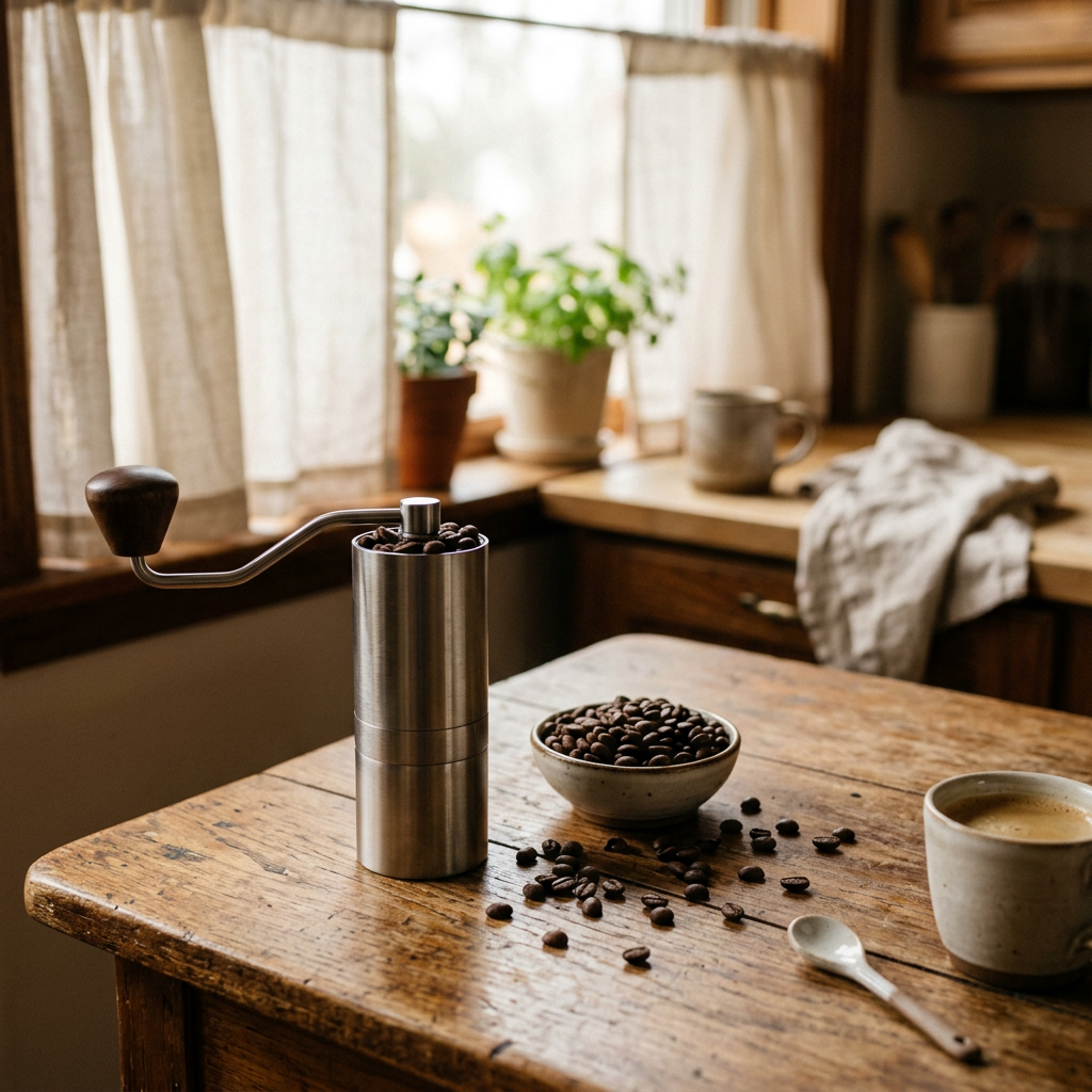 Hario Mini-Slim Plus manual coffee grinder on a wooden table with whole coffee beans, best budget grinder for beginners