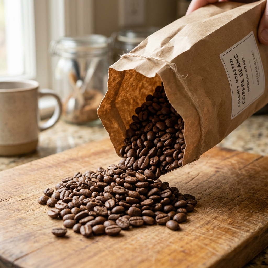 Fresh medium roast coffee beans spilling out of a kraft paper bag onto a wooden cutting board