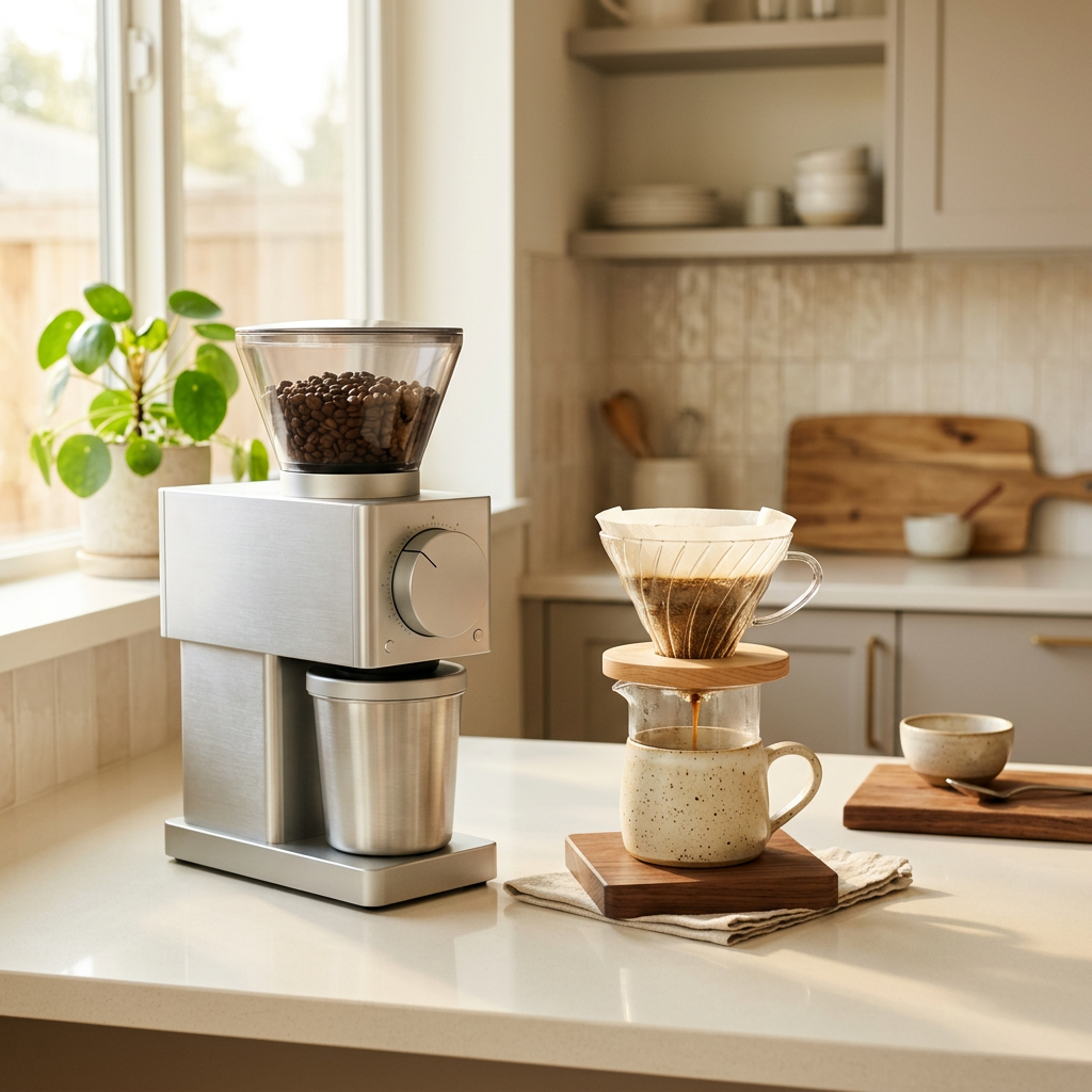 OXO Brew Conical Burr Coffee Grinder next to a pour-over setup on a modern kitchen counter