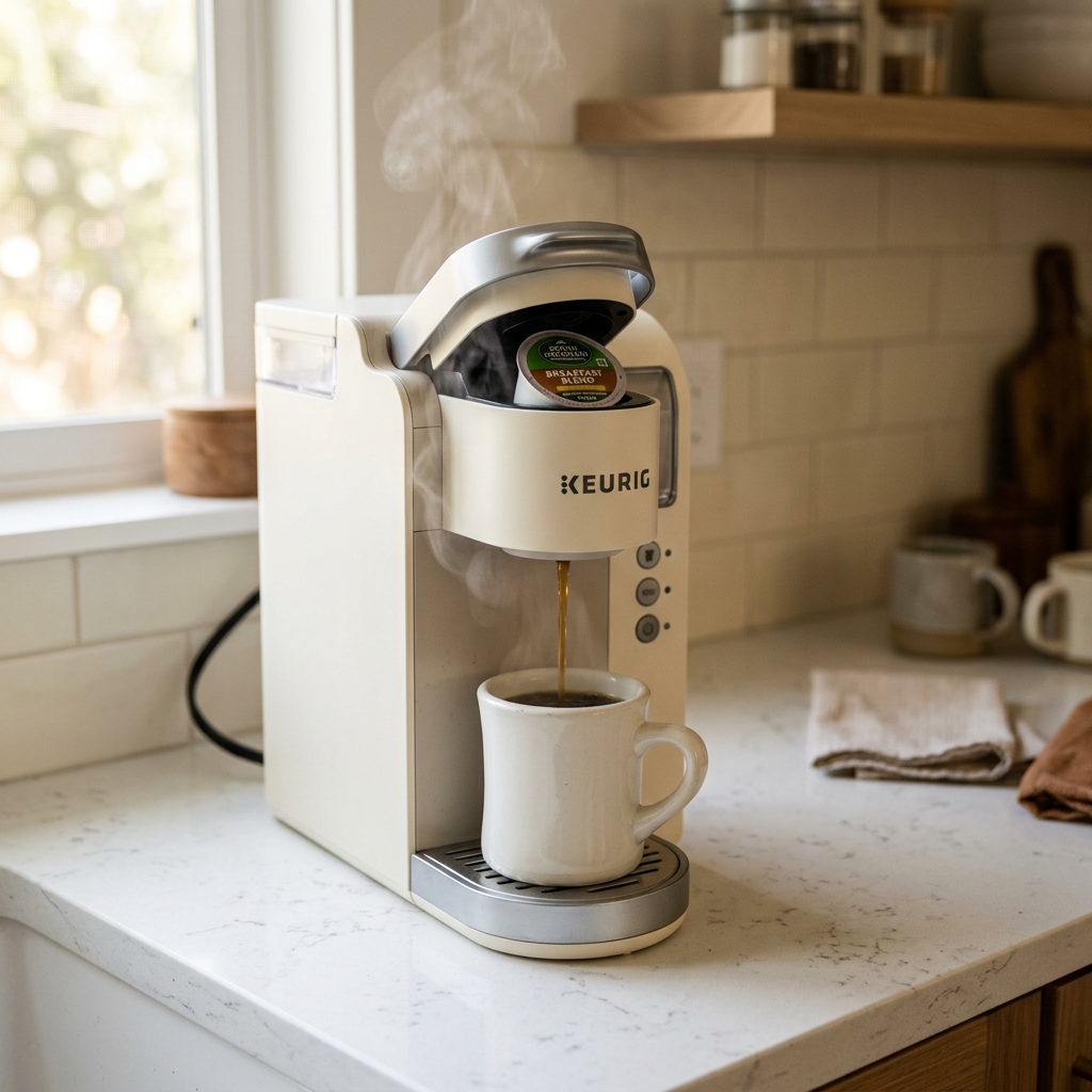 Keurig K-Classic pod coffee maker brewing a single cup — best easy coffee maker for beginners