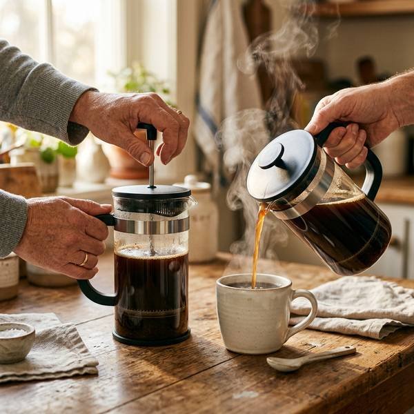 Pressing the plunger down on a French press and pouring coffee into a mug for beginners