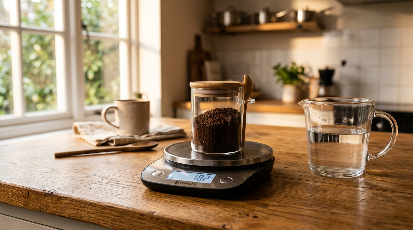 Kitchen scale with ground coffee and measuring cup of water showing the coffee to water ratio setup on a wooden counter