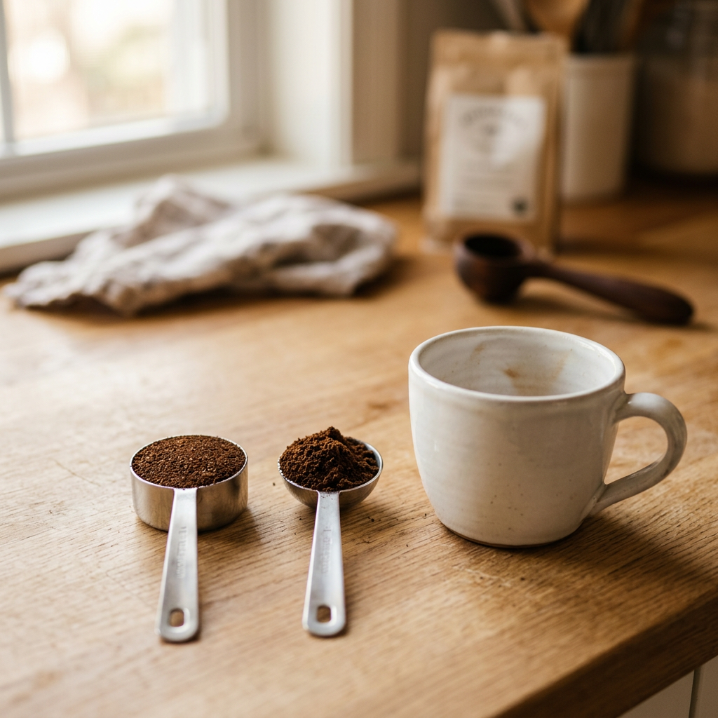 Two tablespoons of ground coffee next to a coffee mug — the standard coffee to water ratio measurement for beginners
