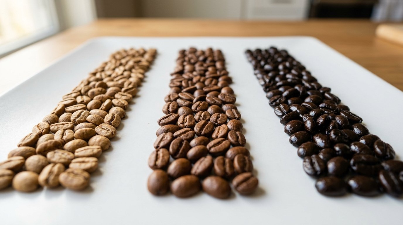 Light medium and dark roast coffee beans side by side showing the color difference between roast levels