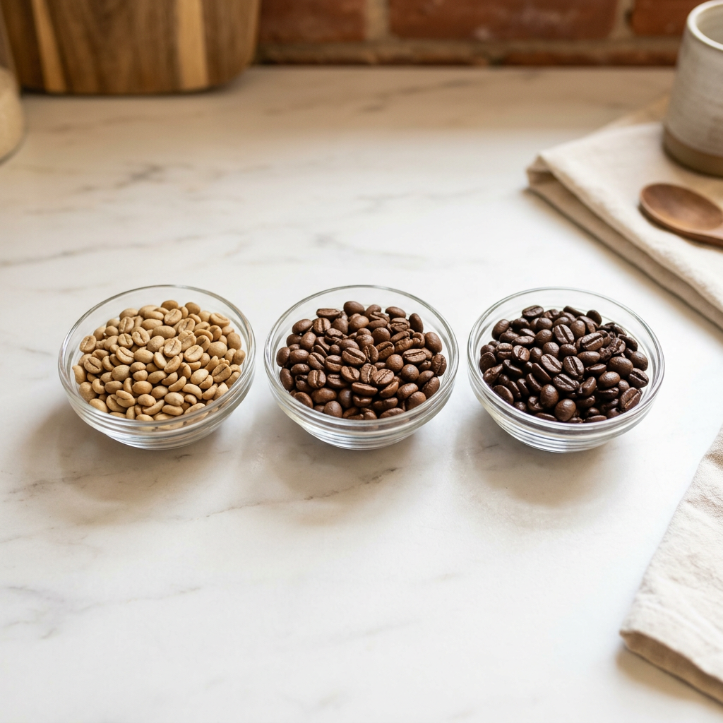 Three glass bowls on a white countertop showing light roast, medium roast, and dark roast coffee beans side by side