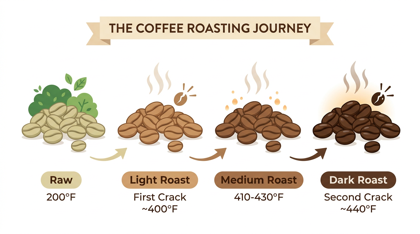 Infographic showing the coffee roasting journey from green beans through light medium and dark roast with temperature markers