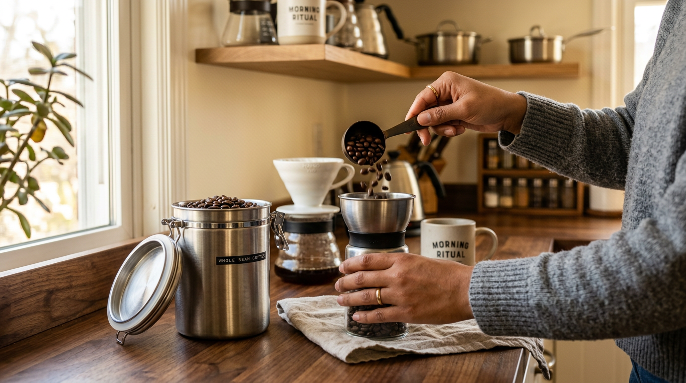 Person scooping whole coffee beans from an airtight canister into a grinder on a kitchen counter
