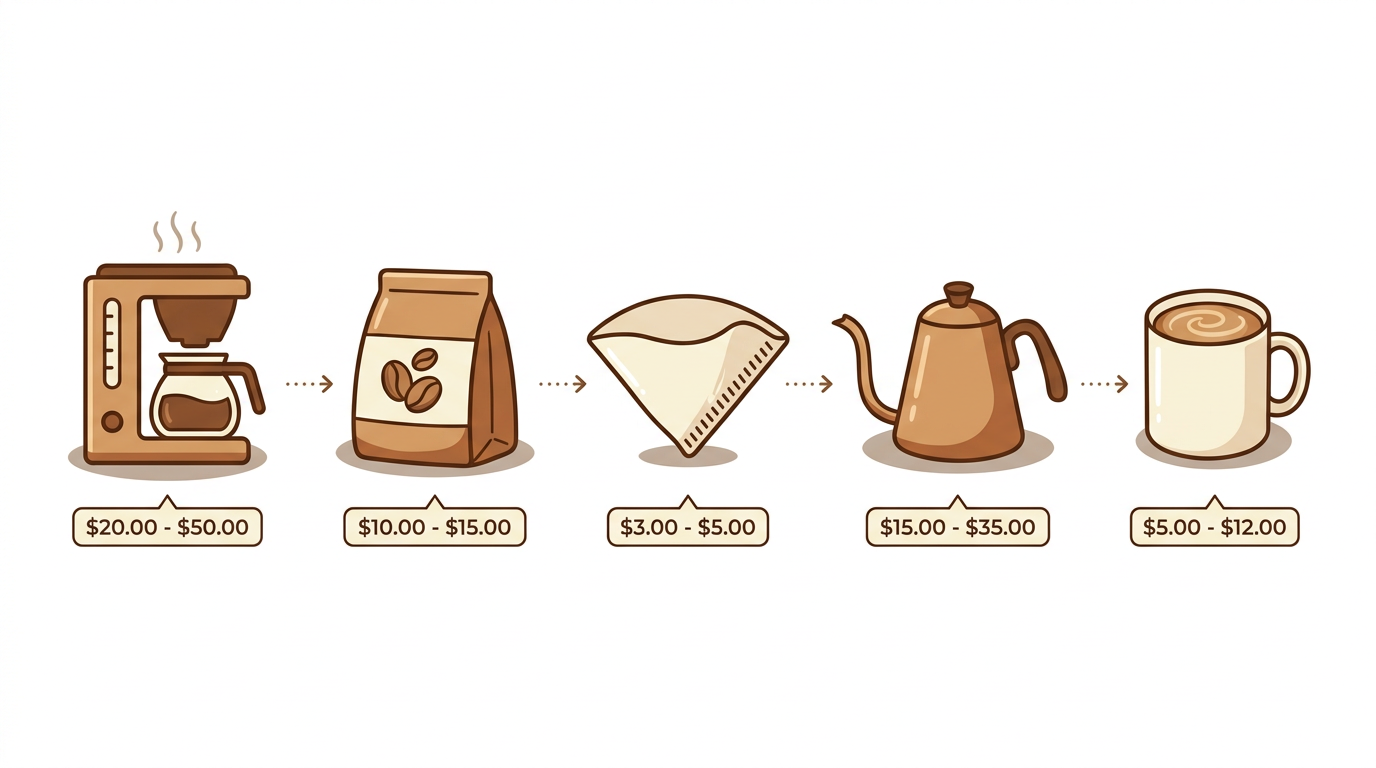 Infographic showing beginner coffee setup essentials — coffee maker, beans, filter, kettle, and mug with prices