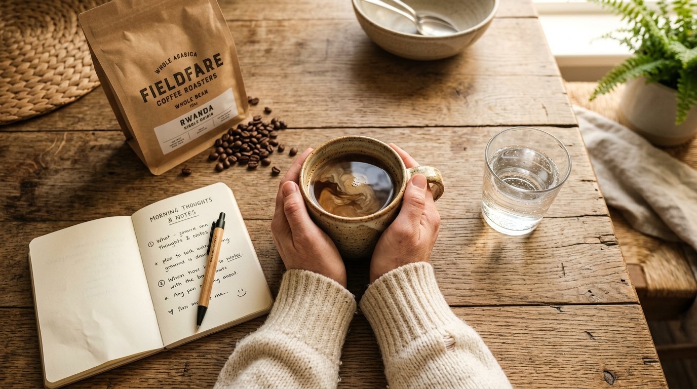 Hands cupping a warm mug of coffee at a kitchen table with coffee beans and a notebook nearby — learning to taste coffee like a pro
