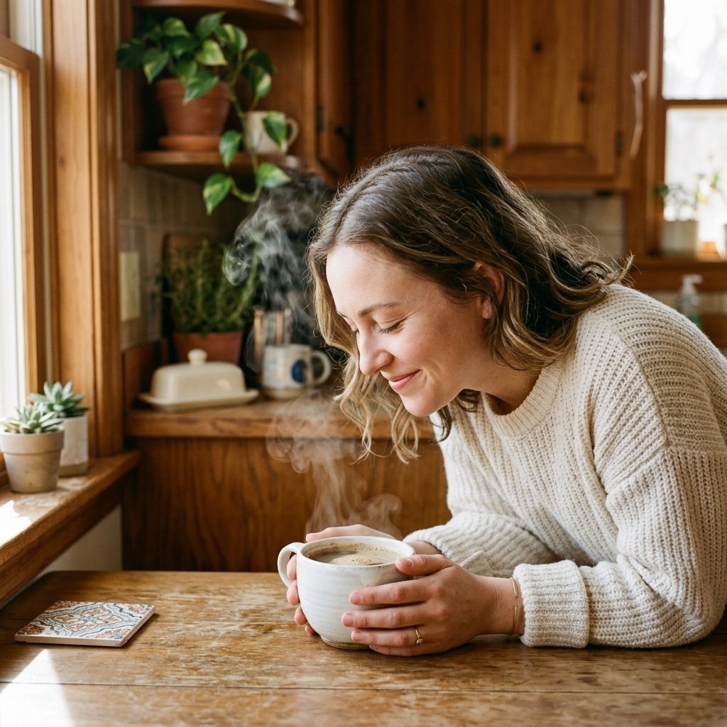 Person smelling the aroma of freshly brewed coffee with eyes closed — the first step in learning to taste coffee