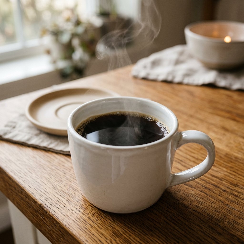 Close-up of a steaming mug of coffee on a kitchen counter — taste coffee by smelling the aroma first