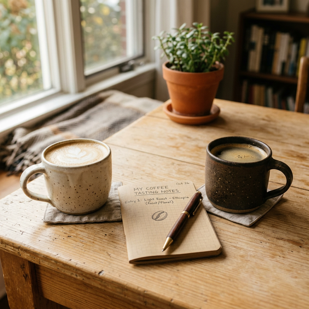 Two mugs of coffee side by side for comparison tasting — a light and dark roast with a notebook between them