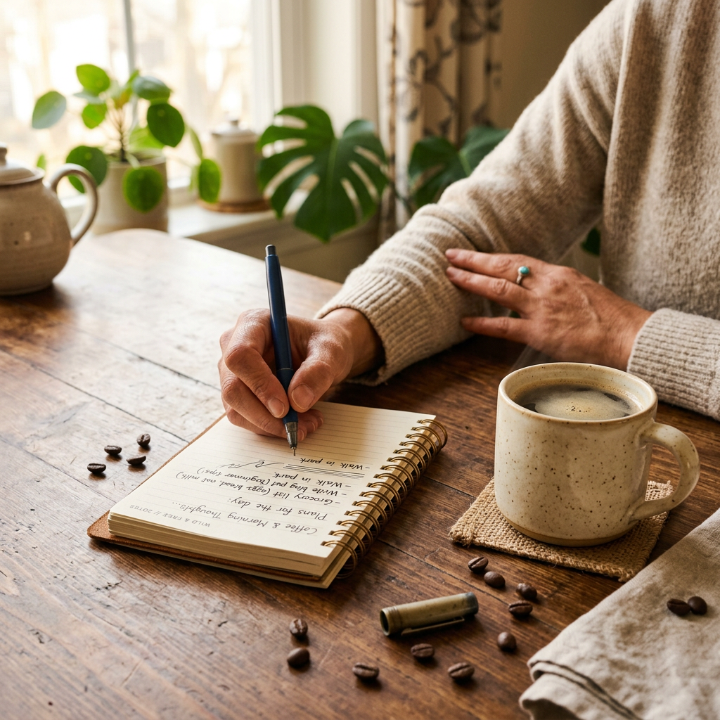 Person writing coffee tasting notes in a notebook next to a mug of coffee — tracking what you taste helps you improve